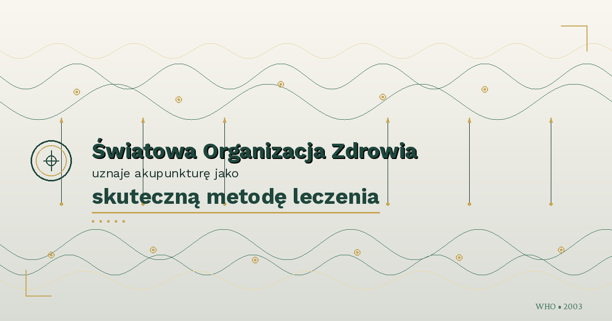 Grafika z napisem „Światowa Organizacja Zdrowia uznaje akupunkturę jako skuteczną metodę leczenia”, tło jasne, złote akcenty i falujące linie.